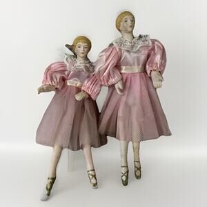 Vtg Christmas Ballerina Porcelain Ornaments Pink White Tulle Dress Set Of 2